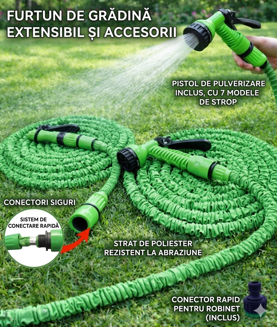 Furtun Magic Extensibil 30M+ Pistol Spray/ NU SE ÎNCURCĂ 1+1 GRATIS