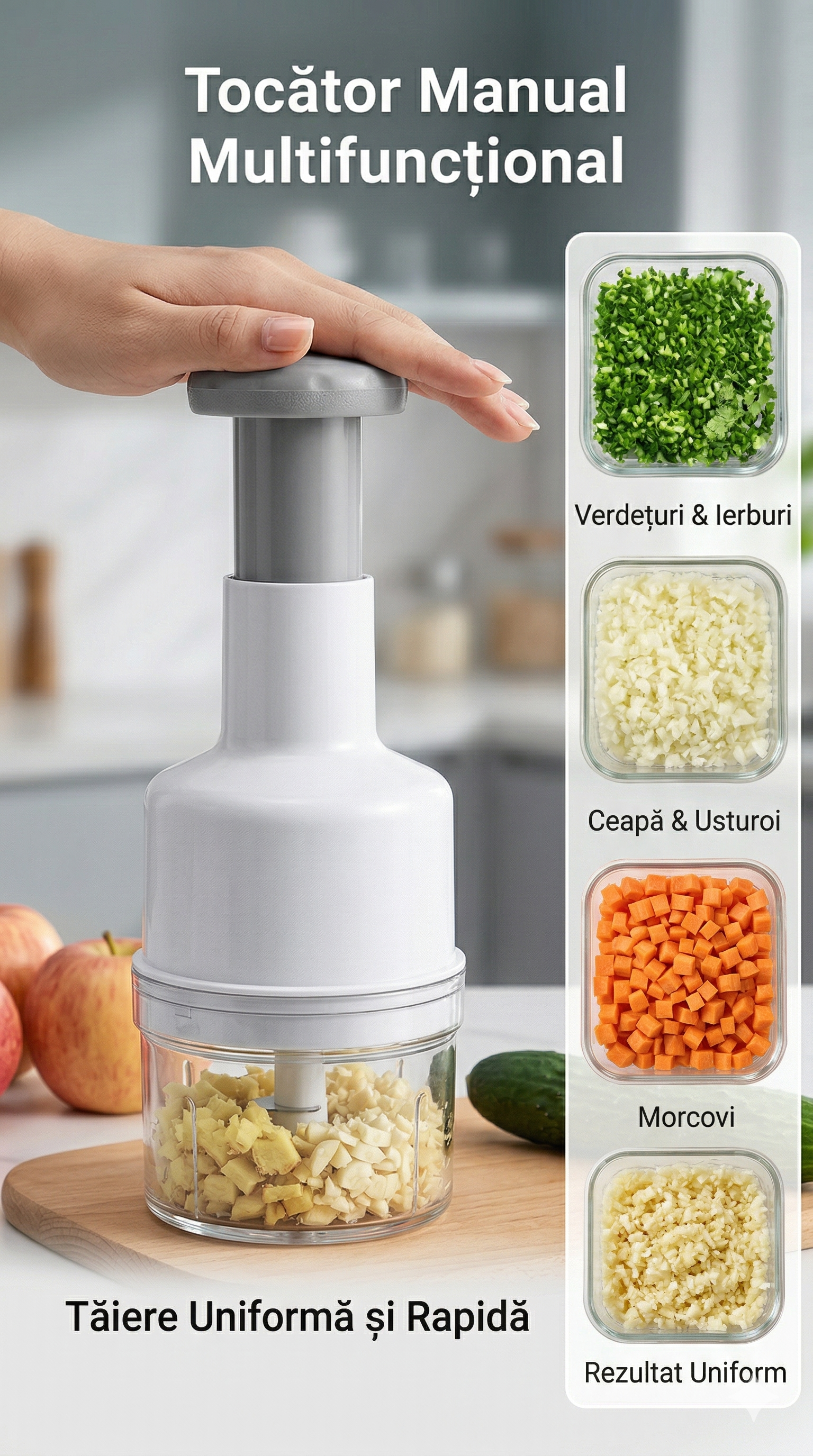 Tocător Manual Multifuncțional pentru Legume și Fructe – Lame Inox și Curățare Rapidă